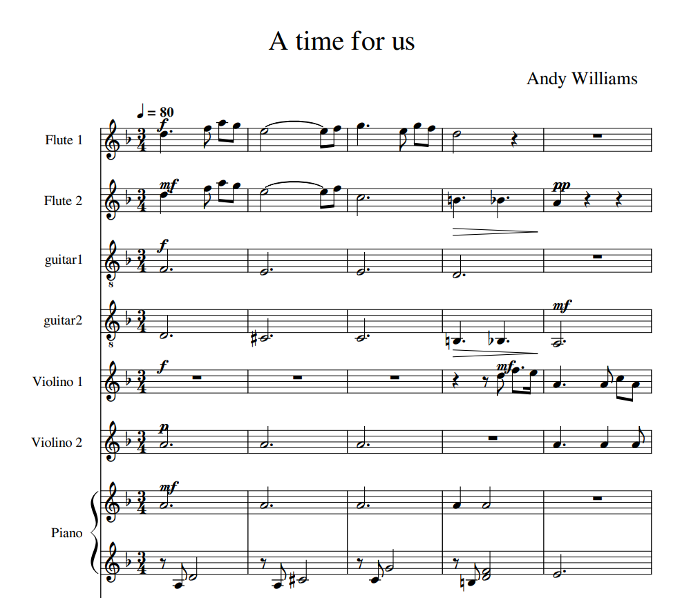 Andy Williams-A time for us sheet music for flute, guitar, violin and piano